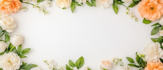 A vibrant border of white and orange flowers intertwined with lush green leaves, creating a festive and romantic atmosphere for Valentine's Day.