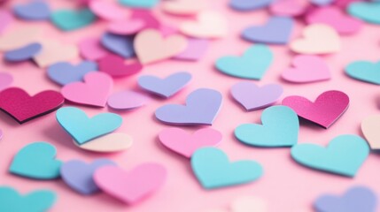 Obraz premium Heart-shaped confetti in various colors spreads across a soft pink background, ideal for parties, events, or romantic celebrations