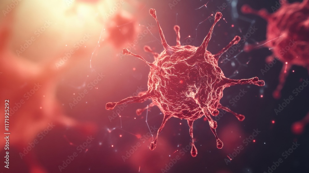 Poster visual representation of red virus cells highlighted in vibrant tones against a dark backdrop, revea