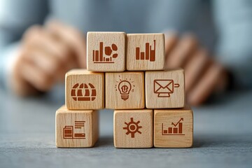 2025 Business Growth Planning with Wooden Blocks and Icons for Future Strategy and Investment Goals
