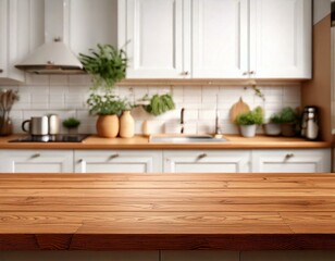 Fototapeta premium A wooden countertop in a kitchen with white cabinets, featuring a