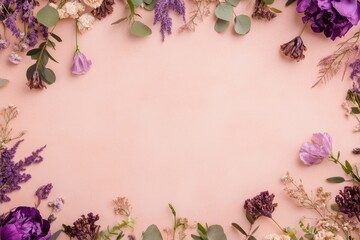 Delicate purple and white blooms form a romantic circle, perfectly set against a soft pink backdrop, evoking love and serenity this Valentine's Day.