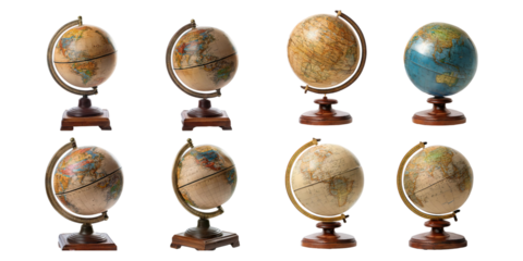 Collection of Vintage Globes with Wooden Bases on a Transparent Background