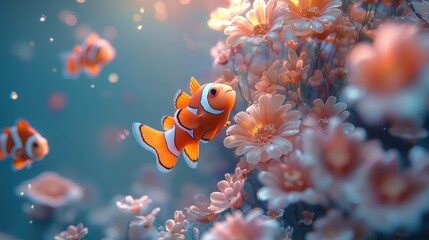 Anemonefish in a Dreamlike Floral Underwater World