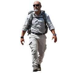 Naklejka premium A man in a white shirt and cargo pants walks forward with a backpack on a transparent background.
