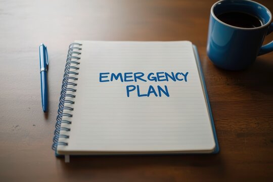 Preparedness in action with an emergency plan notebook and essentials on a desk