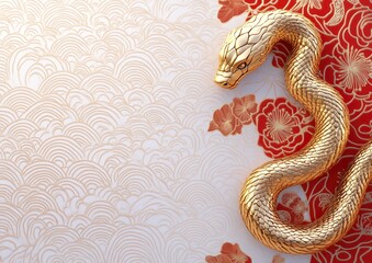 Obraz premium Golden snake figurine on red floral background.