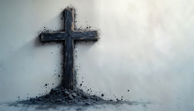 Dark wooden cross stands on ash pile against light wall. Religious symbol of sacrifice, faith. Image evokes Ash Wednesday concept. Spiritual, holy image ideal for Christian themes. Powerful visual