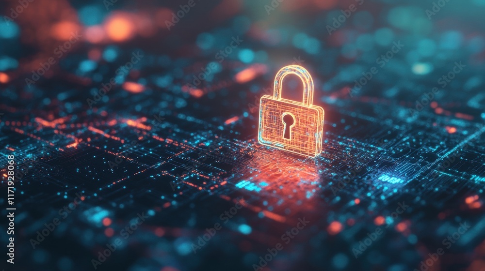 Aufkleber an open lock icon signifies a cybersecurity breach amidst a colorful digital network, emphasizing vu