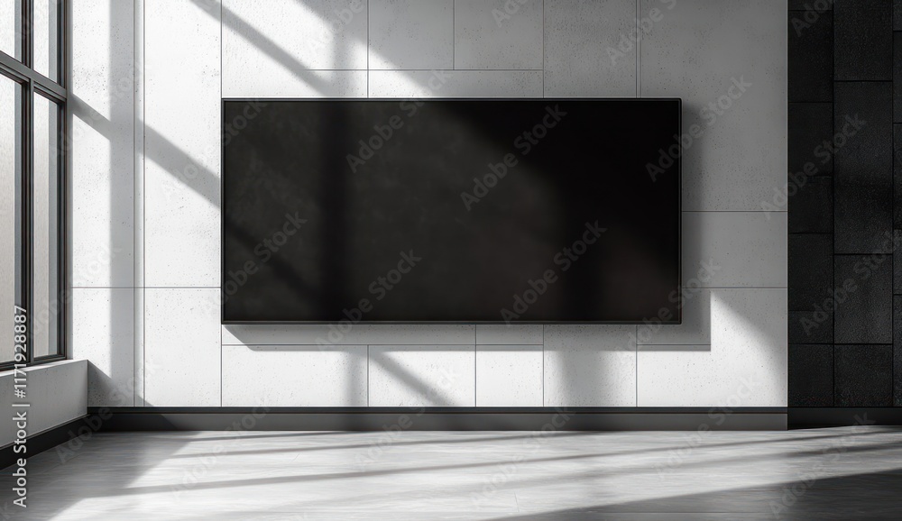 Poster minimalist black screen on white wall with geometric shadows and natural light in modern scandinavia