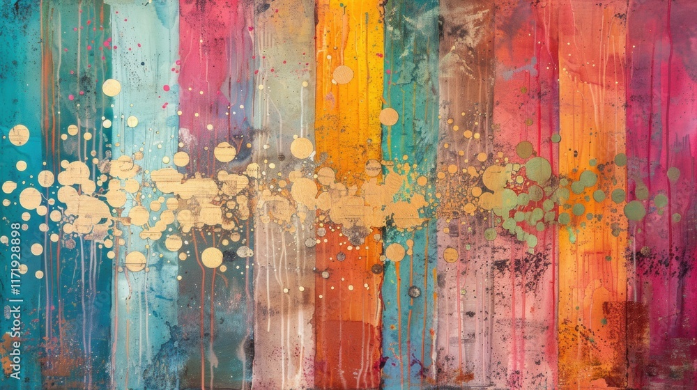 Poster this artwork features bold colors and textured layers, with a harmonious blend of dots and lines cre