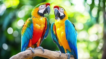 Colorful parrot lush green background, symbolizing nature and companionship