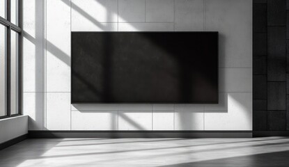 Fototapeta premium Minimalist Black Screen on White Wall with Geometric Shadows and Natural Light in Modern Scandinavian Architecture