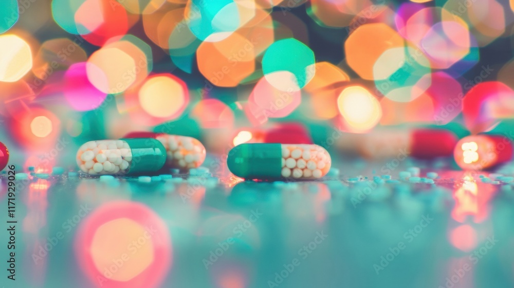 Poster brightly colored capsules rest on a reflective surface, enhanced by dramatic lighting and a backdrop