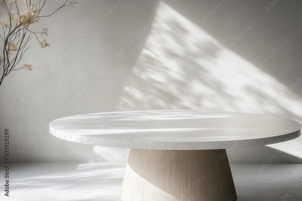 Poster minimalist round marble table with soft shadows on light grey wall for product display mockup