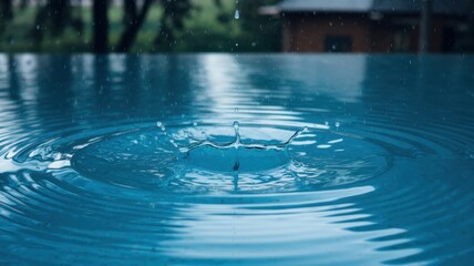 Close-up of water droplets creating ripples in a tranquil blue pool, capturing the beauty of nature's delicate moments.