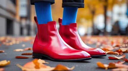 Stylish red leather boots with bold blue socks for a modern fall fashion look featuring vibrant footwear, autumn leaves, street style inspiration, and contemporary outfit trends for men or women


