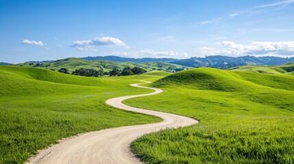 A beautiful landscape with green hills, blue skies, and a winding bicycle path symbolizing World Bicycle Day with copy space for text, promoting eco friendly transportation.