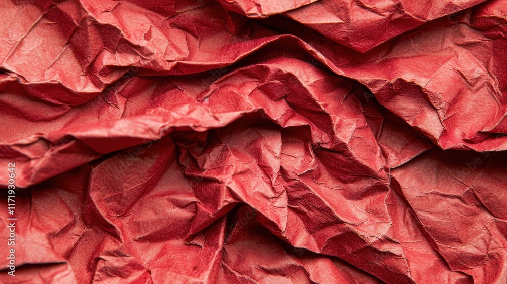 Poster close-up view of crumpled red paper showcasing detailed texture and folds, perfect for art projects 