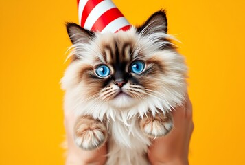 Fototapeta premium Fluffy cat with bright blue eyes wearing a striped party hat held in hands against a yellow background