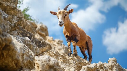 A goat standing on rocky terrain against a blue sky with clouds.