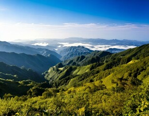 Naklejka premium Hazy picturesque highlands of Nantou County, Taiwan, Asia