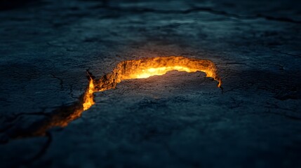 Glowing fissure in dark cracked earth surface