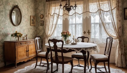 Antique dining room with floral wallpaper, lace curtains, wooden table, chairs, sideboard, and flowers.