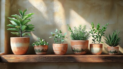 Sunlit Terracotta Pots with Lush Greenery