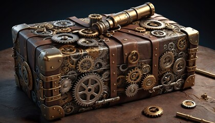 Steampunk-style chest with intricate gears, brass accents, and a telescope on top.