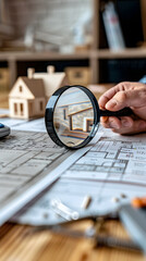 Magnifying Glass Over House Model and Architectural Plans