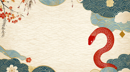 Japanese-Inspired Background with Red Snake and Floral Elements. Chinese New Year. Lunar New Year