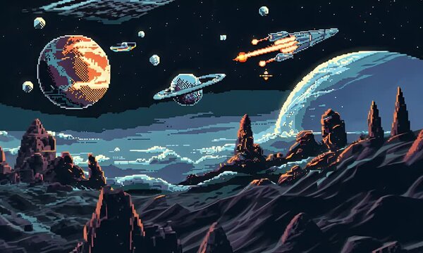 A vibrant pixel art scene of a cosmic landscape with planets, a ringed planet, and a spaceship.