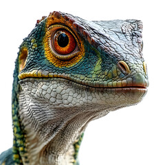 Fototapeta premium Close-up of a Lizard with Orange Eyes and Green Scales Isolated on Transparent Background.