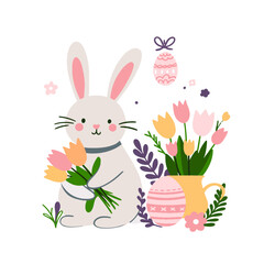 Set of cute Easter characters and elements. Easter bunny, chicks, eggs and flowers. Vector illustration.