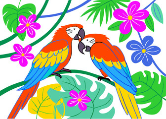 Scarlet Macaws Tropical Birds Illustration - Colorful, Playful Design for Kids,  Prints.