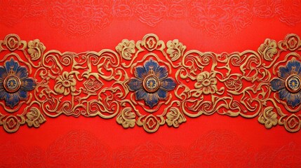 Red background with gold and blue floral carvings.