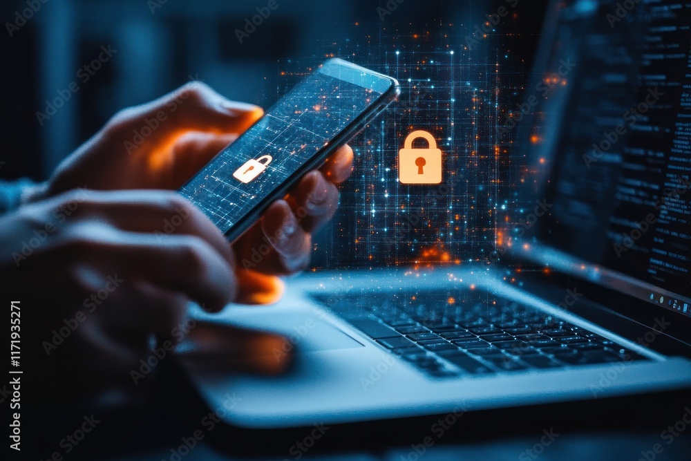 Poster cybersecurity privacy protection digital lock secure access technology data safety smartphone