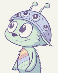 Cute Pastel Alien Vector Illustration - Five Eyes, Rainbow Stripe.