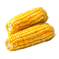 Two golden corn cobs isolated on a transparent background with a white backdrop