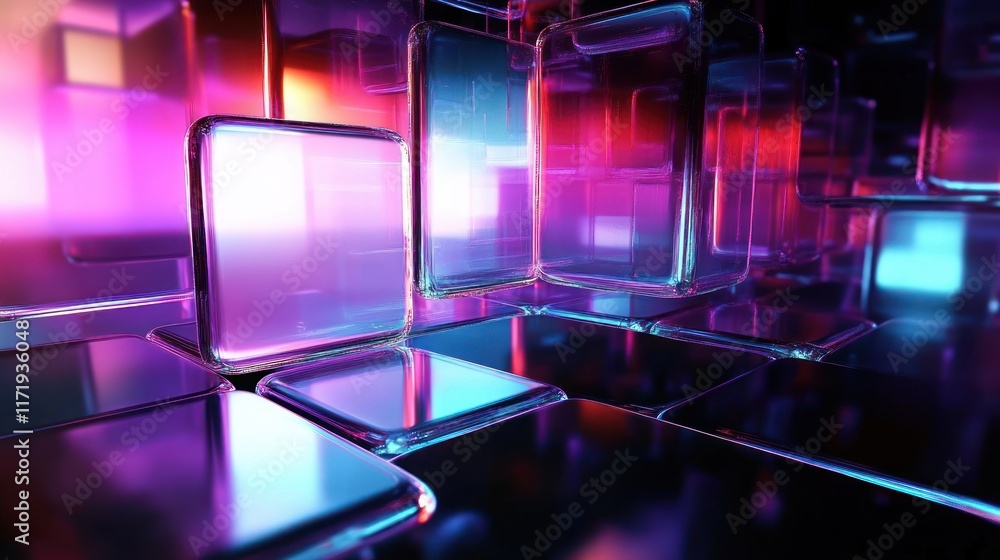 Aufkleber futuristic abstract composition of floating translucent squares with neon lights in modern digital a