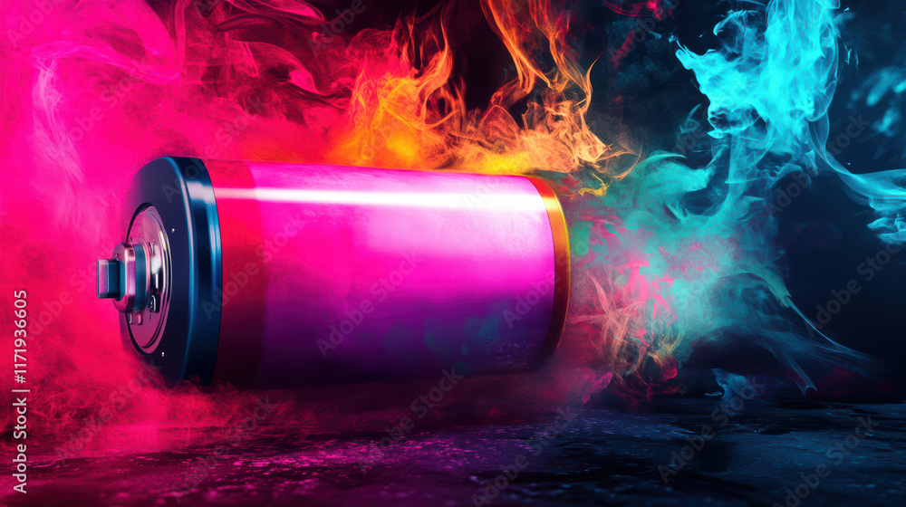 Aufkleber vibrant battery surrounded by colorful smoke and abstract patterns creates dynamic visual effect. in