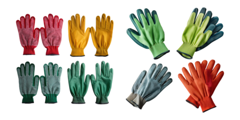 Variety of Colorful Gardening Gloves on Transparent Background