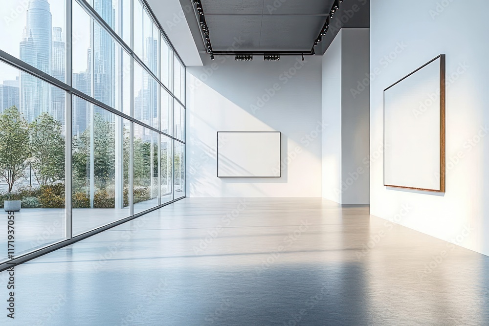 Poster modern minimalist art gallery with large windows and high ceilings featuring clean lines and natural