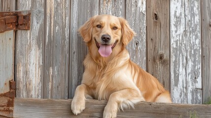 A golden retriever lounging against a rustic wooden backdrop, exuding happiness and playfulness.