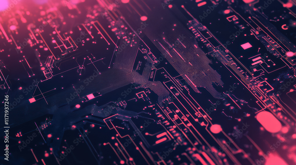 Poster vibrant digital circuit pattern with glowing lines and nodes, showcasing technology and innovation. 