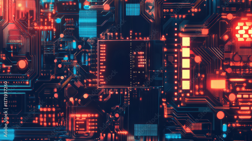 Poster high tech digital circuit board with glowing components and intricate patterns, showcasing futuristi