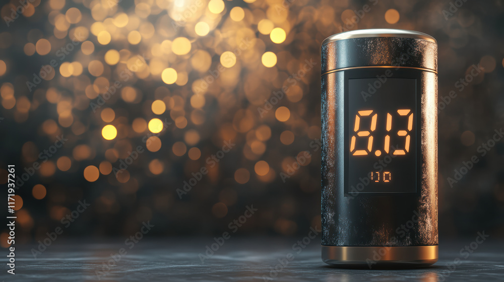 Aufkleber digital clock displaying time on sleek battery design, illuminated by warm bokeh lights in backgroun