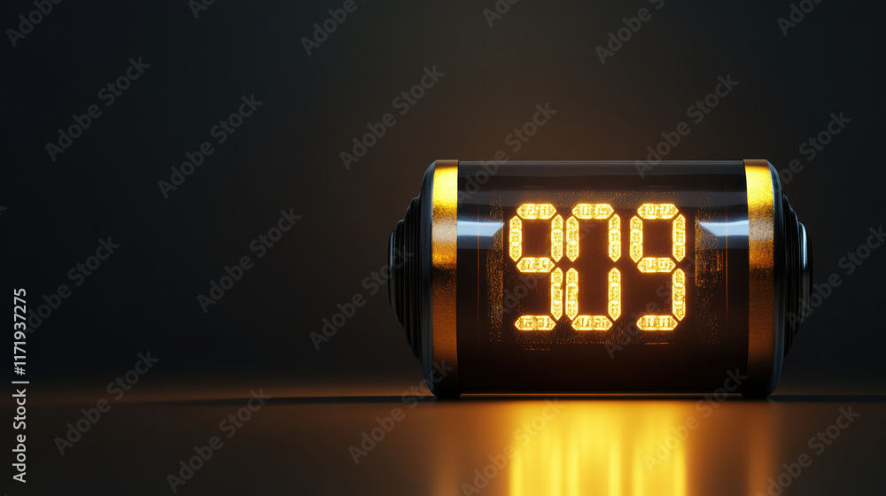 Poster digital clock display on battery shows time as 909, illuminated in bright yellow against dark backgr
