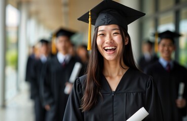 Asian girl graduate cheerfully holds diploma at graduation ceremony. Group of students wearing graduation gowns. Happy moment on campus. Success, education concept. Celebrating academic achievement.